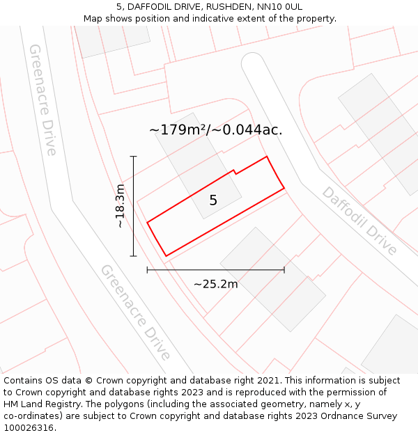 5, DAFFODIL DRIVE, RUSHDEN, NN10 0UL: Plot and title map