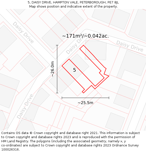5, DAISY DRIVE, HAMPTON VALE, PETERBOROUGH, PE7 8JL: Plot and title map