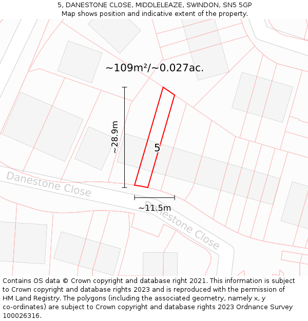 5, DANESTONE CLOSE, MIDDLELEAZE, SWINDON, SN5 5GP: Plot and title map