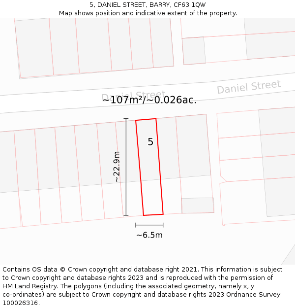 5, DANIEL STREET, BARRY, CF63 1QW: Plot and title map
