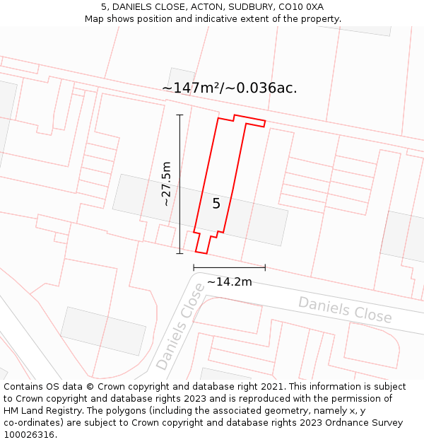 5, DANIELS CLOSE, ACTON, SUDBURY, CO10 0XA: Plot and title map