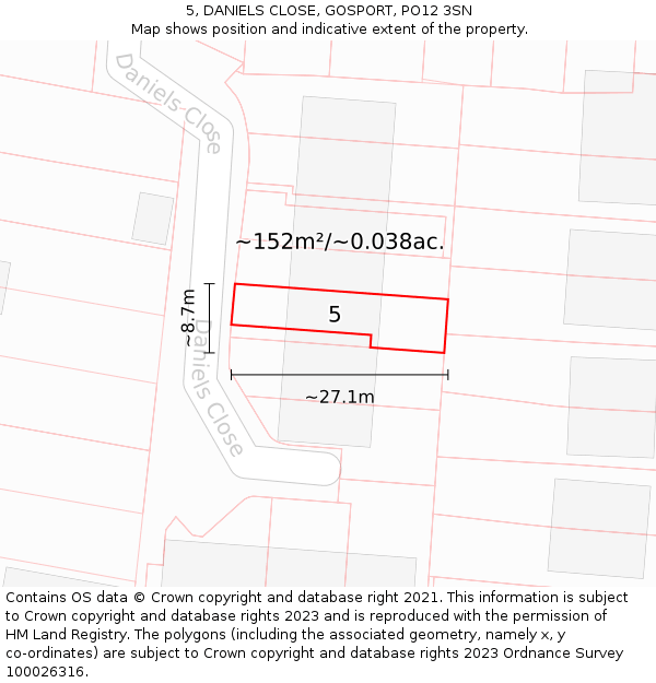 5, DANIELS CLOSE, GOSPORT, PO12 3SN: Plot and title map