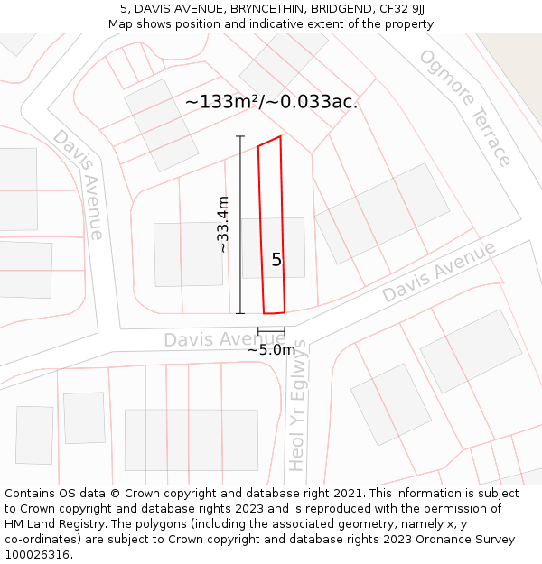 5, DAVIS AVENUE, BRYNCETHIN, BRIDGEND, CF32 9JJ: Plot and title map