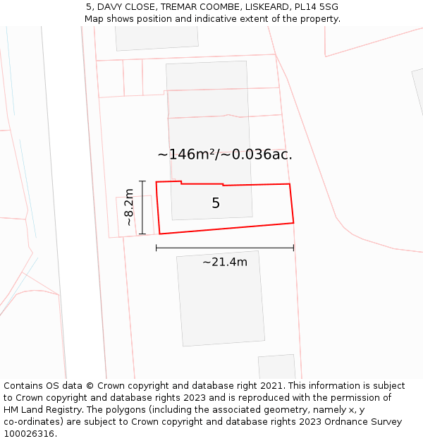 5, DAVY CLOSE, TREMAR COOMBE, LISKEARD, PL14 5SG: Plot and title map