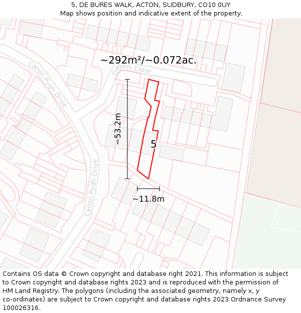 5, DE BURES WALK, ACTON, SUDBURY, CO10 0UY: Plot and title map