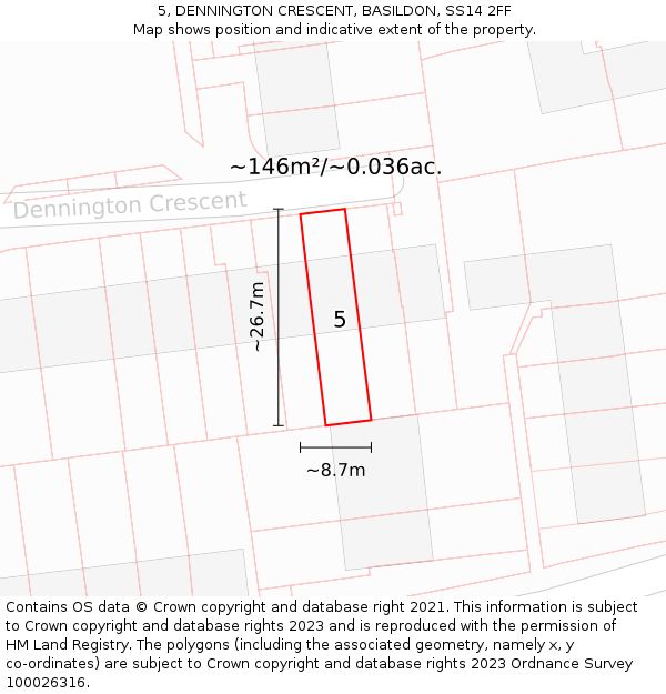 5, DENNINGTON CRESCENT, BASILDON, SS14 2FF: Plot and title map