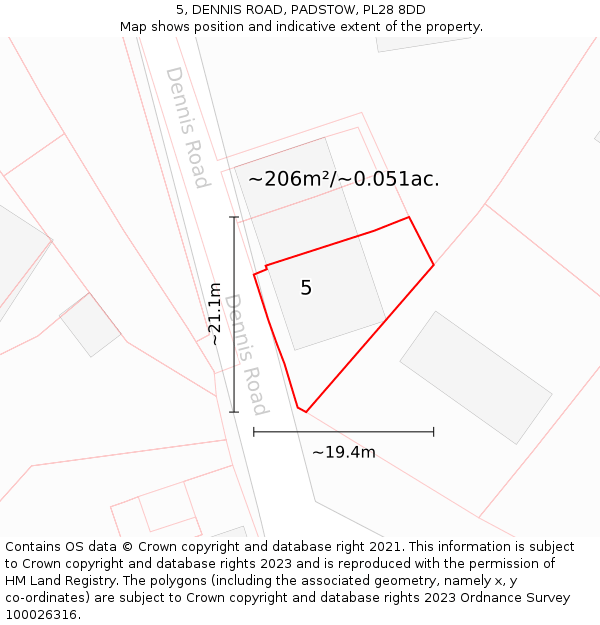 5, DENNIS ROAD, PADSTOW, PL28 8DD: Plot and title map