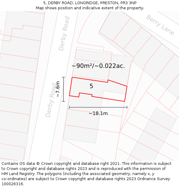 5, DERBY ROAD, LONGRIDGE, PRESTON, PR3 3NP: Plot and title map