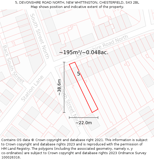 5, DEVONSHIRE ROAD NORTH, NEW WHITTINGTON, CHESTERFIELD, S43 2BL: Plot and title map