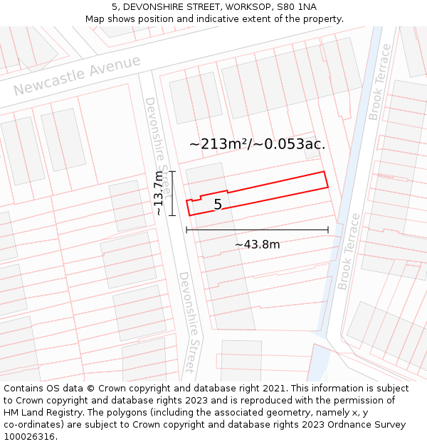 5, DEVONSHIRE STREET, WORKSOP, S80 1NA: Plot and title map
