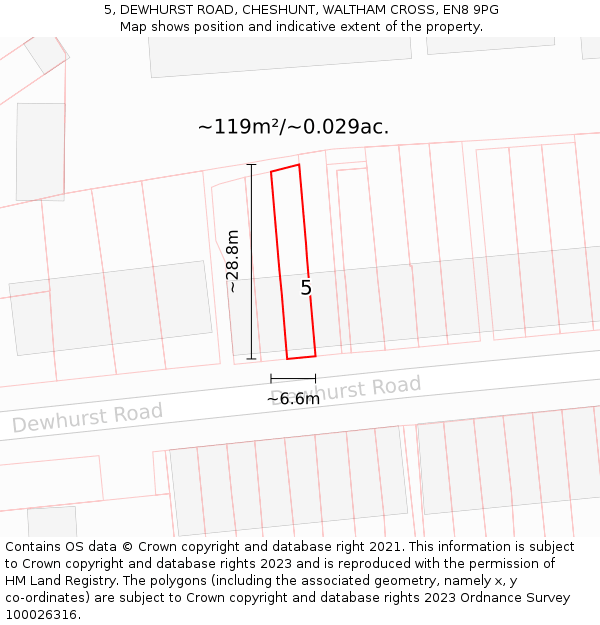 5, DEWHURST ROAD, CHESHUNT, WALTHAM CROSS, EN8 9PG: Plot and title map