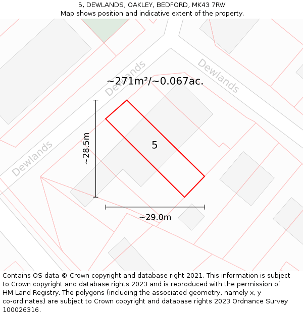 5, DEWLANDS, OAKLEY, BEDFORD, MK43 7RW: Plot and title map