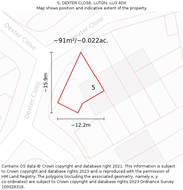 5, DEXTER CLOSE, LUTON, LU3 4DX: Plot and title map