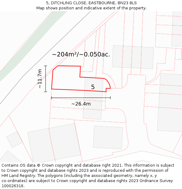 5, DITCHLING CLOSE, EASTBOURNE, BN23 8LS: Plot and title map