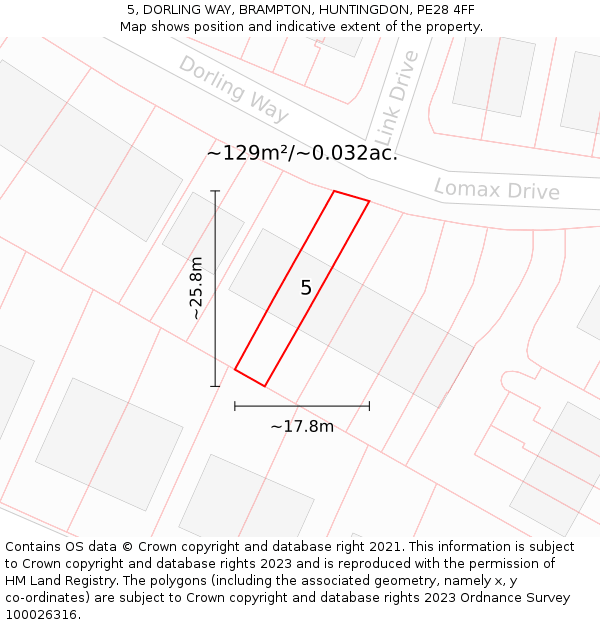5, DORLING WAY, BRAMPTON, HUNTINGDON, PE28 4FF: Plot and title map