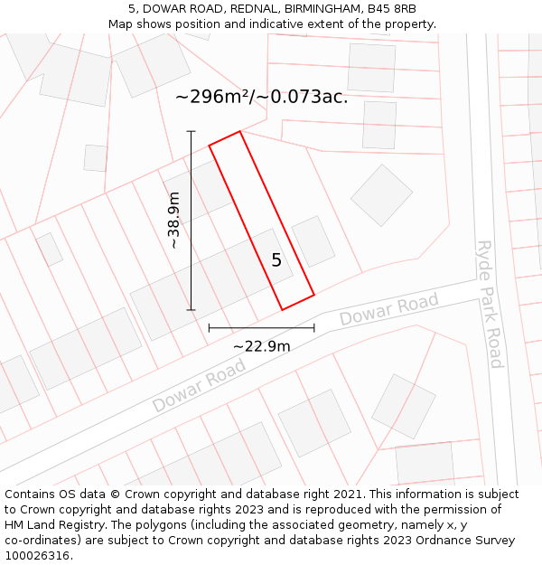 5, DOWAR ROAD, REDNAL, BIRMINGHAM, B45 8RB: Plot and title map
