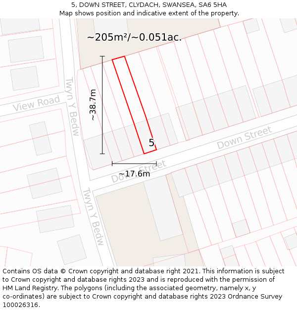 5, DOWN STREET, CLYDACH, SWANSEA, SA6 5HA: Plot and title map