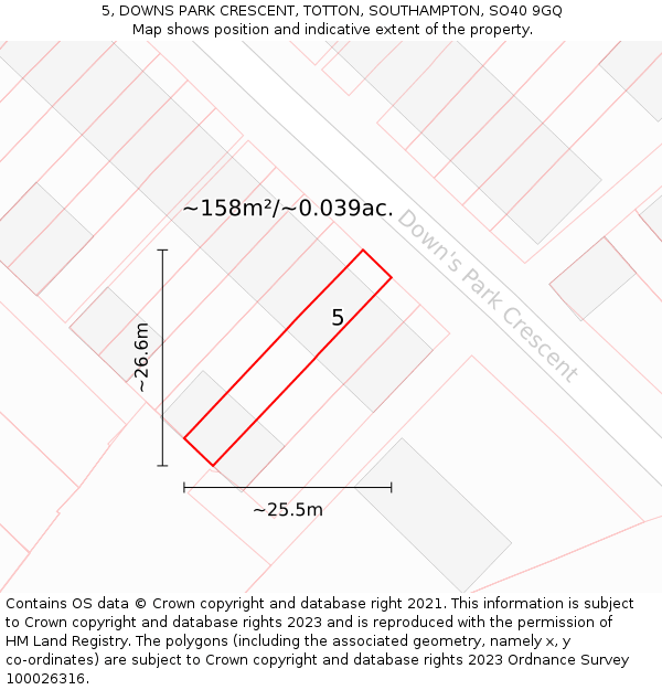 5, DOWNS PARK CRESCENT, TOTTON, SOUTHAMPTON, SO40 9GQ: Plot and title map