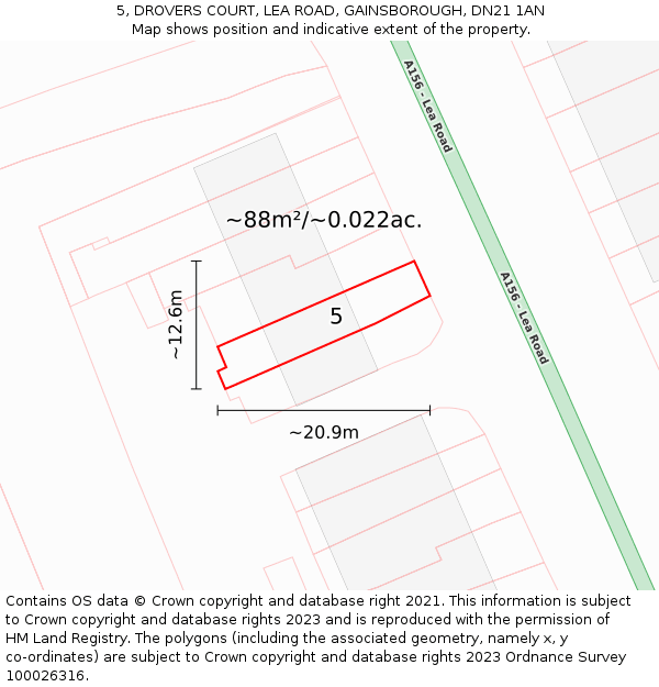 5, DROVERS COURT, LEA ROAD, GAINSBOROUGH, DN21 1AN: Plot and title map