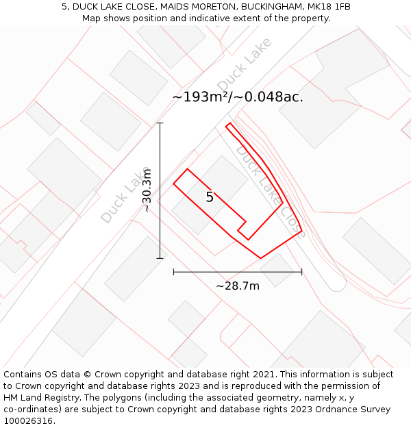 5, DUCK LAKE CLOSE, MAIDS MORETON, BUCKINGHAM, MK18 1FB: Plot and title map