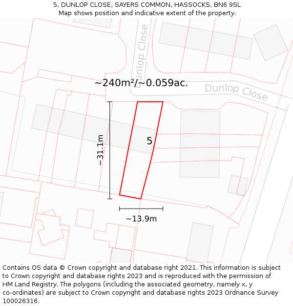 5, DUNLOP CLOSE, SAYERS COMMON, HASSOCKS, BN6 9SL: Plot and title map