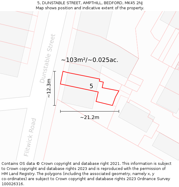 5, DUNSTABLE STREET, AMPTHILL, BEDFORD, MK45 2NJ: Plot and title map