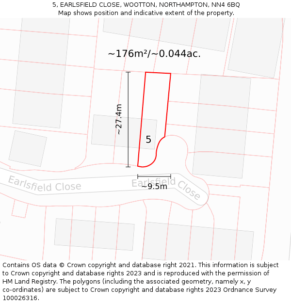 5, EARLSFIELD CLOSE, WOOTTON, NORTHAMPTON, NN4 6BQ: Plot and title map