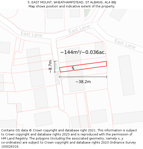5, EAST MOUNT, WHEATHAMPSTEAD, ST ALBANS, AL4 8BJ: Plot and title map