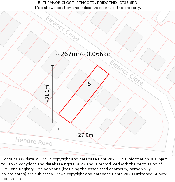 5, ELEANOR CLOSE, PENCOED, BRIDGEND, CF35 6RD: Plot and title map