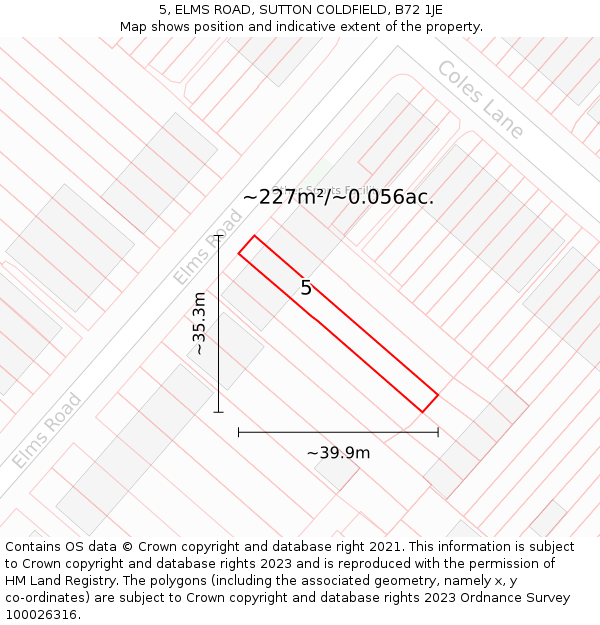 5, ELMS ROAD, SUTTON COLDFIELD, B72 1JE: Plot and title map