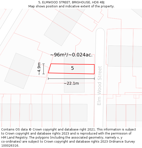 5, ELMWOOD STREET, BRIGHOUSE, HD6 4BJ: Plot and title map