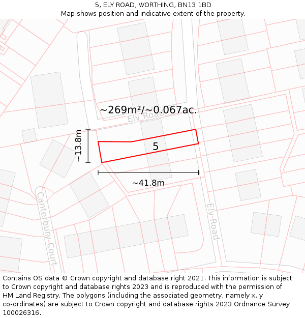 5, ELY ROAD, WORTHING, BN13 1BD: Plot and title map