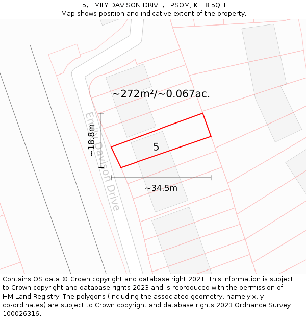 5, EMILY DAVISON DRIVE, EPSOM, KT18 5QH: Plot and title map