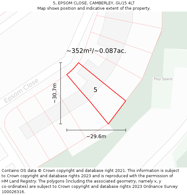 5, EPSOM CLOSE, CAMBERLEY, GU15 4LT: Plot and title map