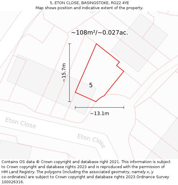 5, ETON CLOSE, BASINGSTOKE, RG22 4YE: Plot and title map