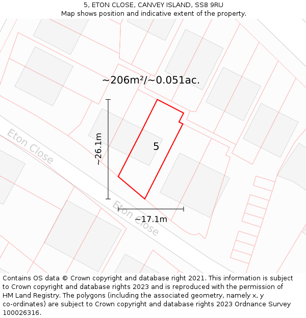 5, ETON CLOSE, CANVEY ISLAND, SS8 9RU: Plot and title map