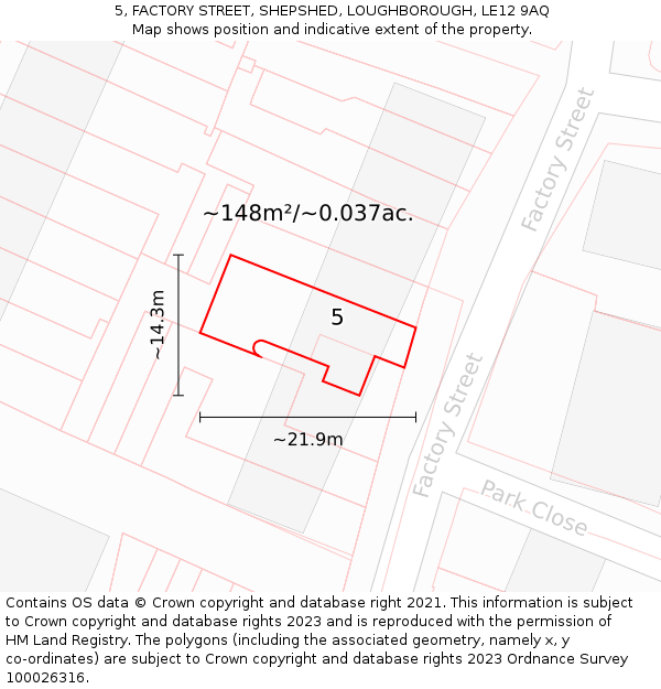 5, FACTORY STREET, SHEPSHED, LOUGHBOROUGH, LE12 9AQ: Plot and title map