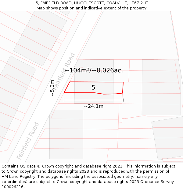5, FAIRFIELD ROAD, HUGGLESCOTE, COALVILLE, LE67 2HT: Plot and title map