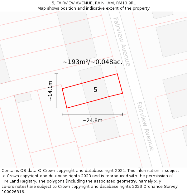 5, FAIRVIEW AVENUE, RAINHAM, RM13 9RL: Plot and title map