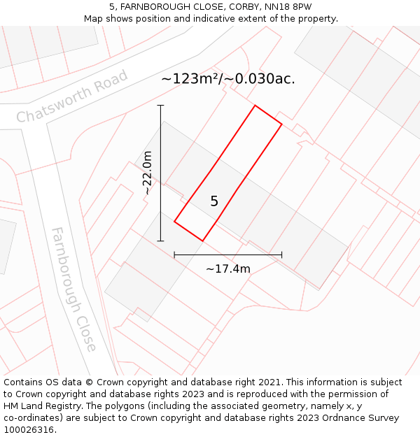 5, FARNBOROUGH CLOSE, CORBY, NN18 8PW: Plot and title map