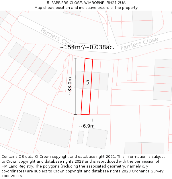 5, FARRIERS CLOSE, WIMBORNE, BH21 2UA: Plot and title map