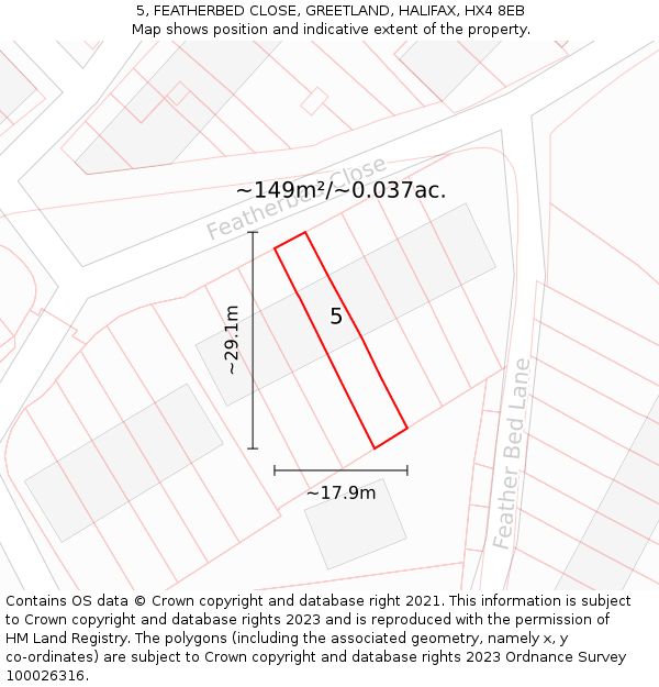 5, FEATHERBED CLOSE, GREETLAND, HALIFAX, HX4 8EB: Plot and title map