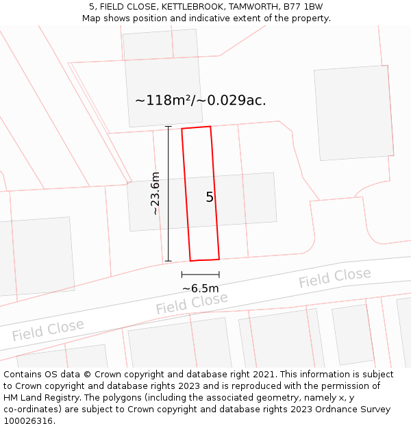 5, FIELD CLOSE, KETTLEBROOK, TAMWORTH, B77 1BW: Plot and title map