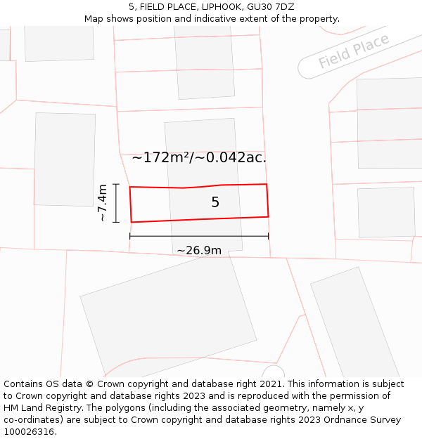 5, FIELD PLACE, LIPHOOK, GU30 7DZ: Plot and title map