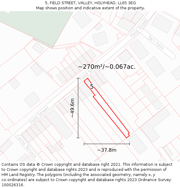5, FIELD STREET, VALLEY, HOLYHEAD, LL65 3EG: Plot and title map