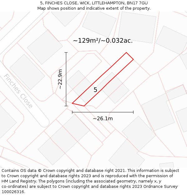 5, FINCHES CLOSE, WICK, LITTLEHAMPTON, BN17 7GU: Plot and title map
