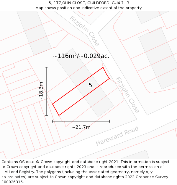 5, FITZJOHN CLOSE, GUILDFORD, GU4 7HB: Plot and title map