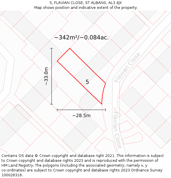 5, FLAVIAN CLOSE, ST ALBANS, AL3 4JX: Plot and title map