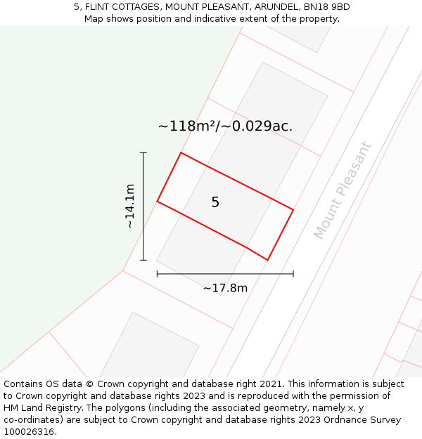 5, FLINT COTTAGES, MOUNT PLEASANT, ARUNDEL, BN18 9BD: Plot and title map
