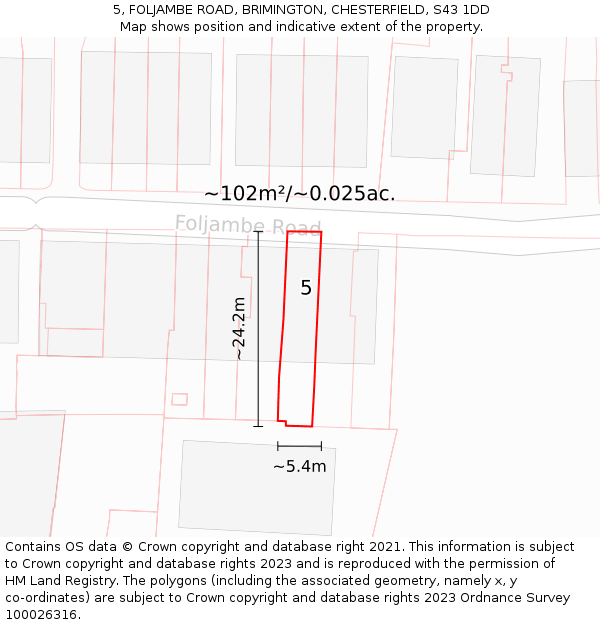 5, FOLJAMBE ROAD, BRIMINGTON, CHESTERFIELD, S43 1DD: Plot and title map